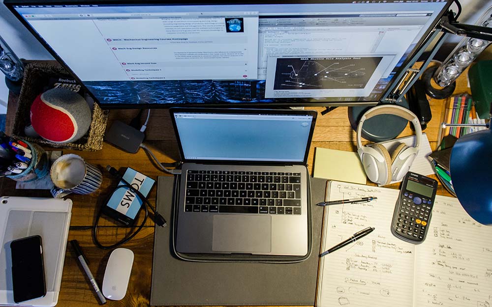 Top-down view of a messy workspace