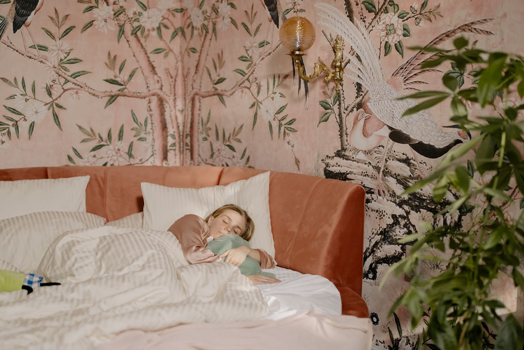 Woman sleeping on a couch in a cosy room